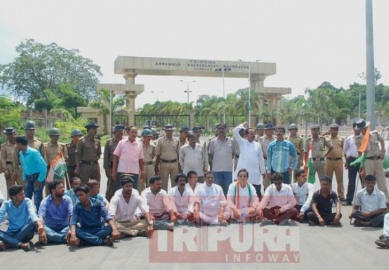Bandh by Congress evokes mixed response in Tripura: PCC chief Birajit Sinha sat for protest outside Tripura Assembly Bandh by Congress evokes mixed response in Tripura: PCC chief Birajit Sinha sat for protest outside Tripura Assembly